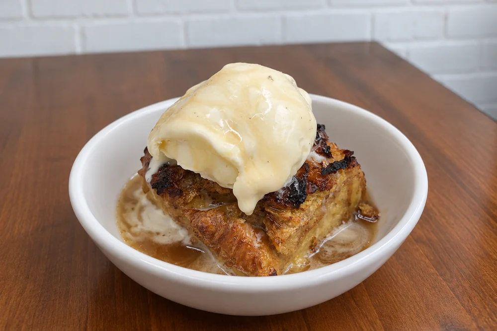 Croissant bread pudding topped with vanilla ice cream and sauce